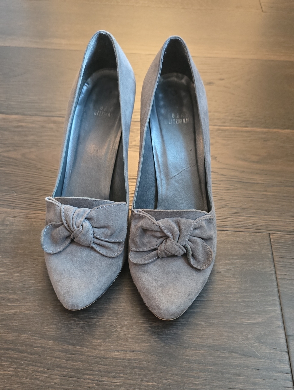 Stuart Weitzman Gray Suede Knot-Front Pointed Pumps